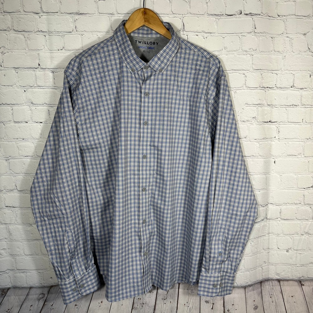 Twillory Untuckable Shirt Mens XL-2XL Blue Grey Plaid Coolmax‎ Button Down L/S
